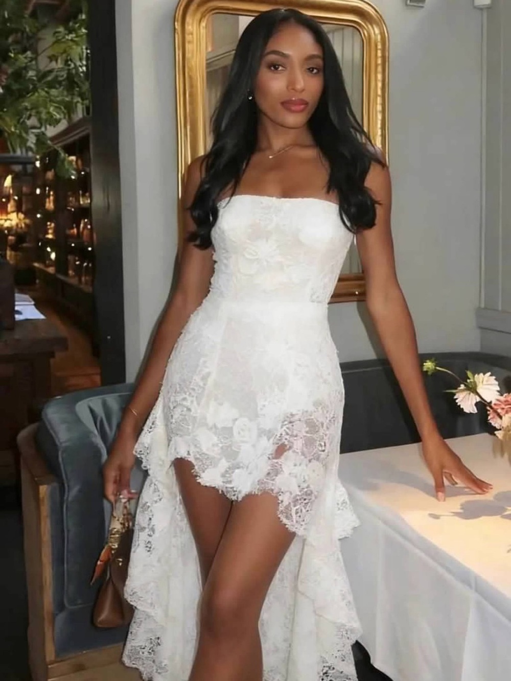 White Lace Strapless High-Low Dress